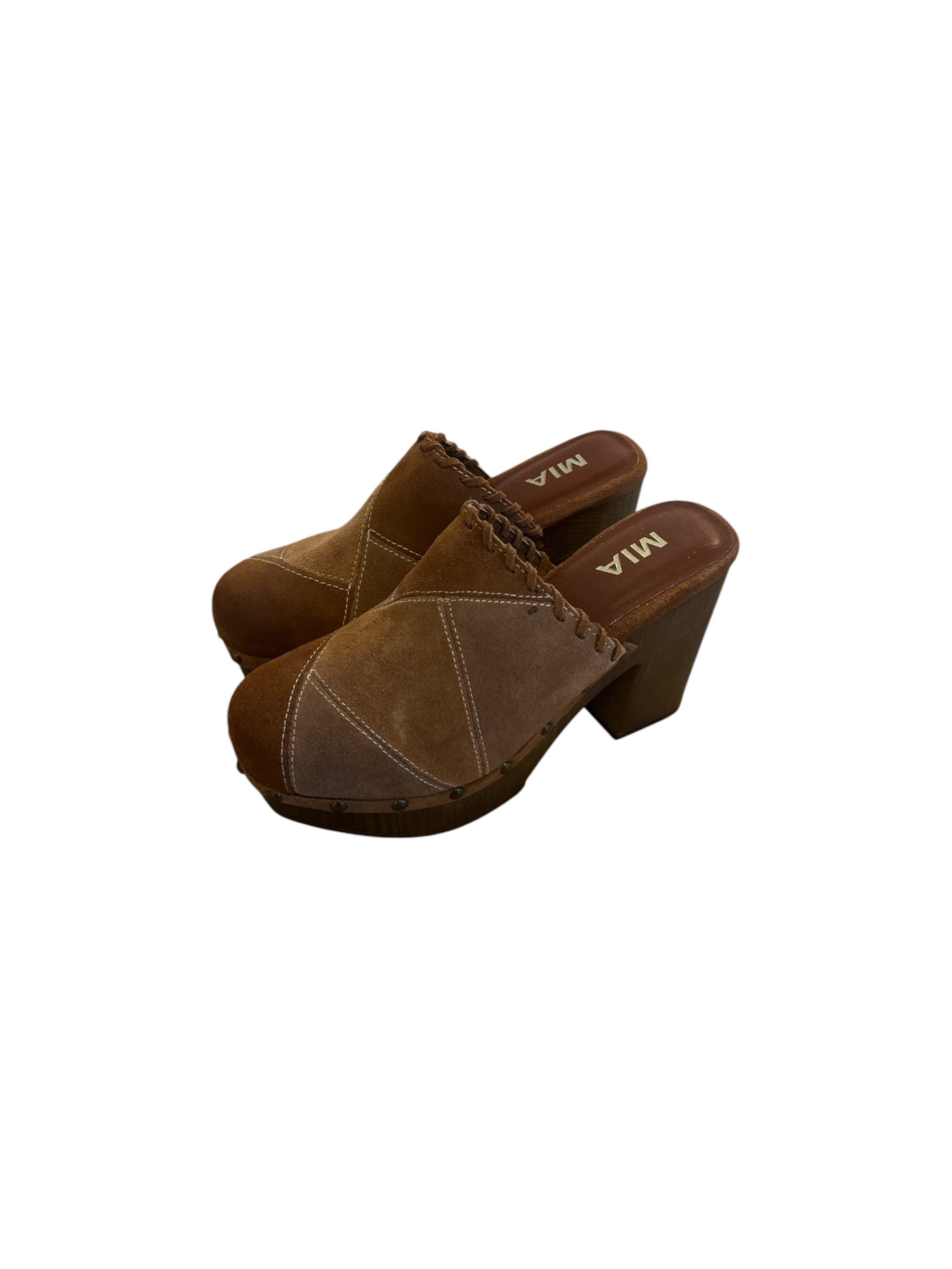 Mia Vintage Deadstock Patchwork Suede Studded Heeled Clog Mules Women's